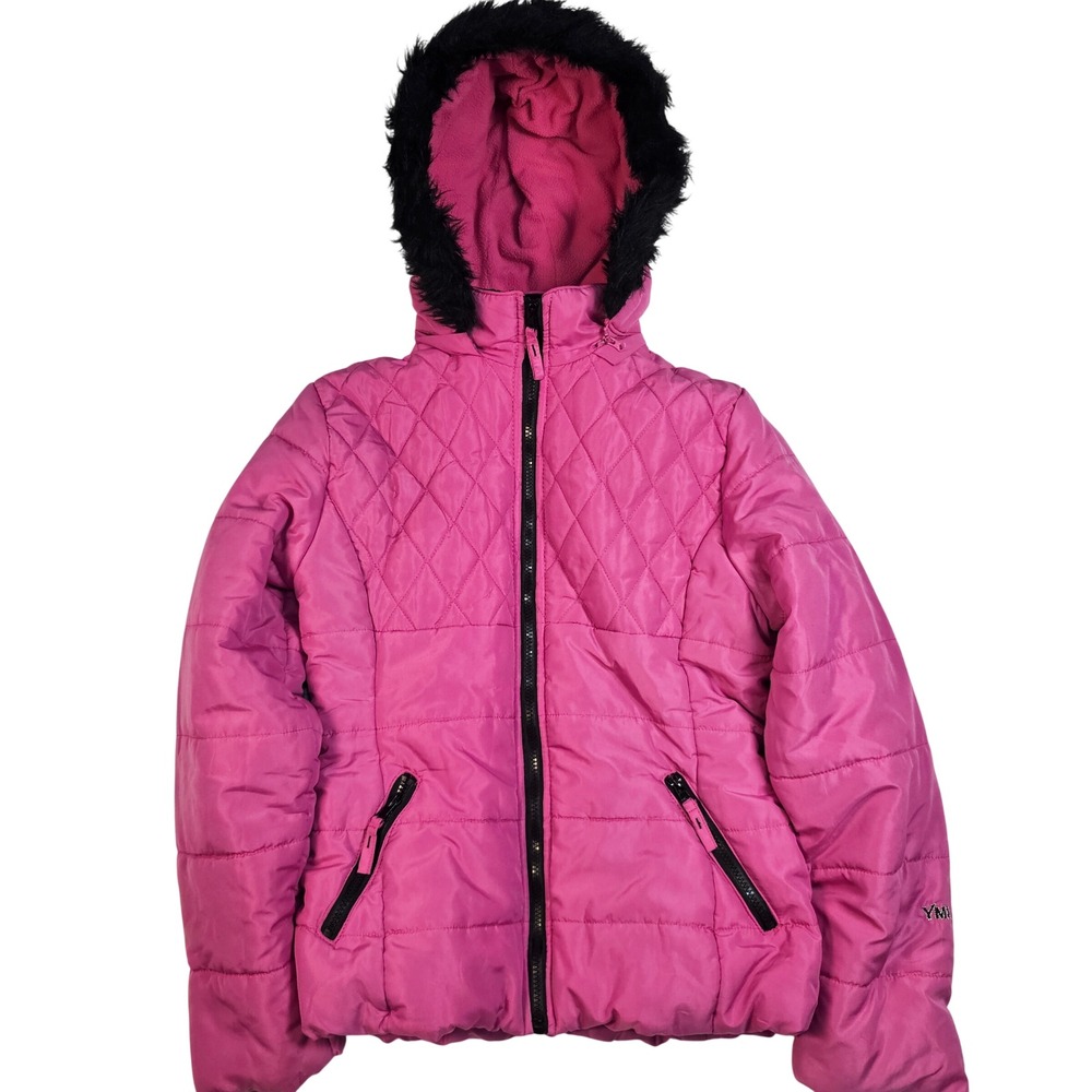 YMI Girls Collection Pink Quilted Puffer Jacket Faux Fur Hood Size XL 16
